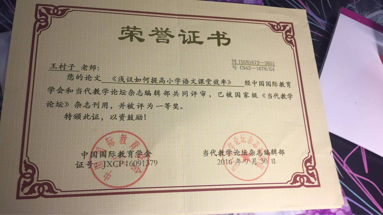 王村子的论文荣誉证书2